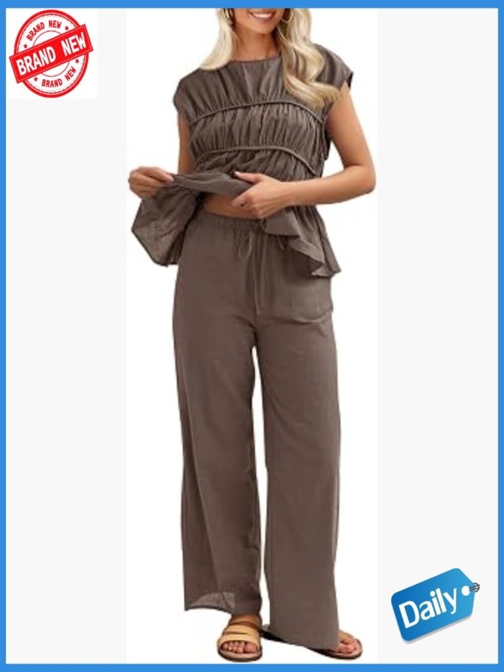Womens 2 Piece Linen Sets Peplum Tank Top Pants Summer Outfits Babydoll